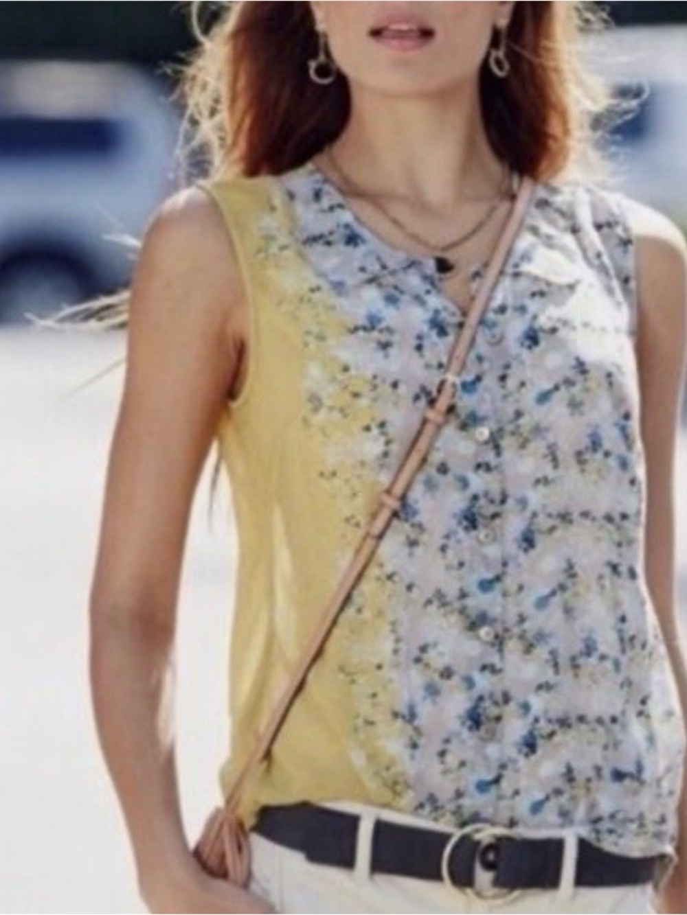 CAbi Yellow and Blue Floral Button-Front Camisole